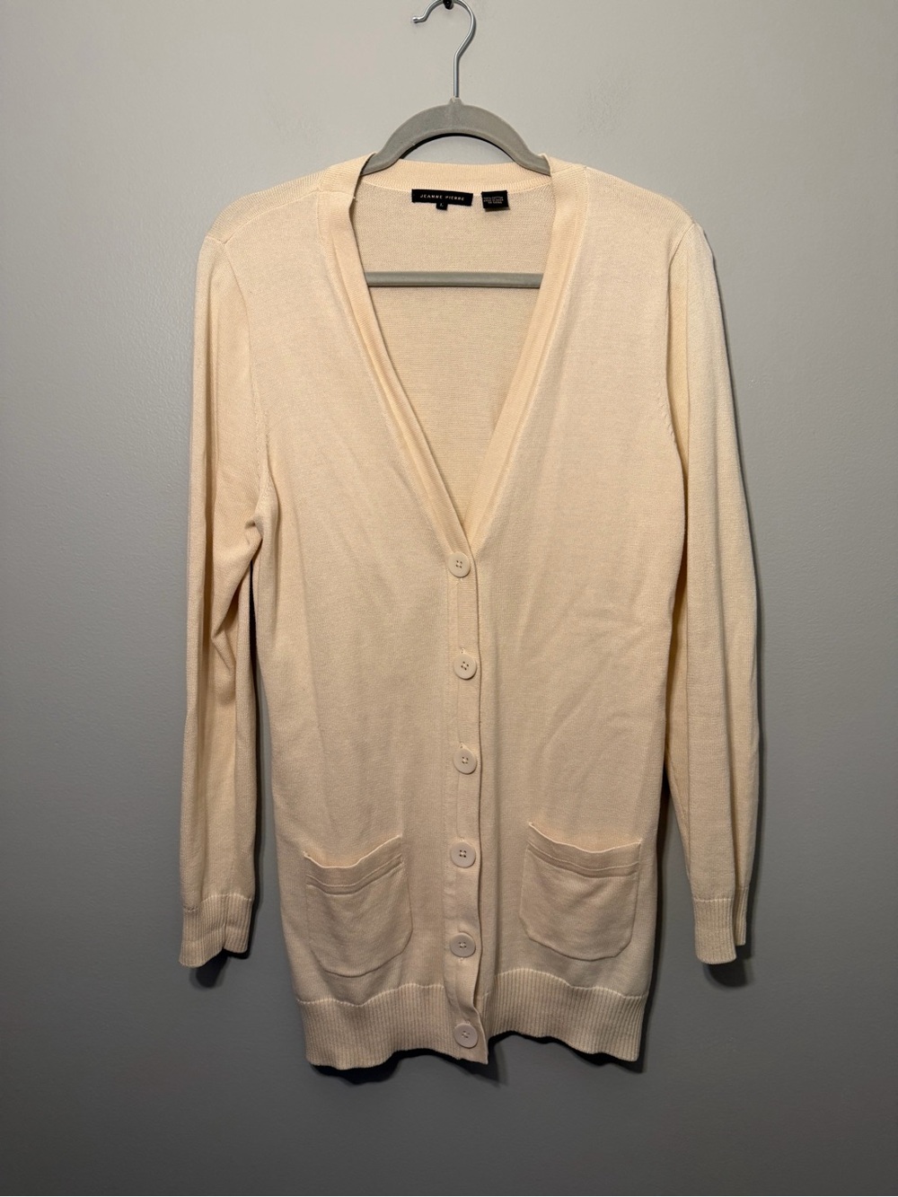 JEANNE PIERRE Light Cream V-Neck Button Long‎ Cardigan